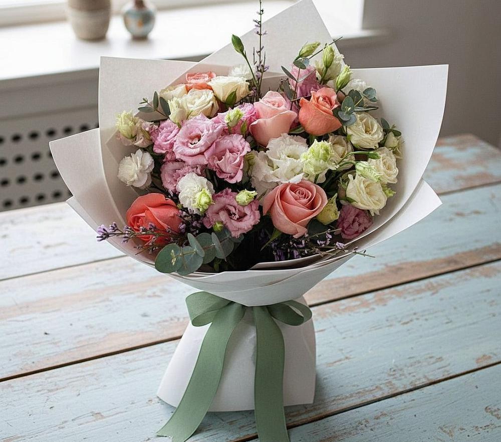 Букет цветов из: Розы, Лизиантусы и Гвоздики в Володино